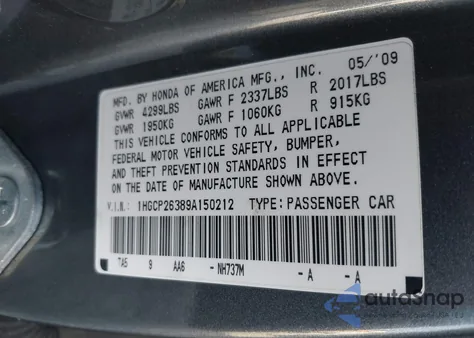 2009 Honda Accord 2.4 Lx z USA, uszkodzony, nr VIN 1HGCP26389A150212